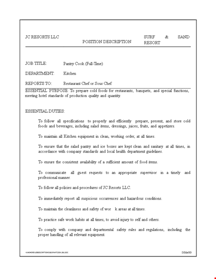 pantry cook job description - company, employee, kitchen template