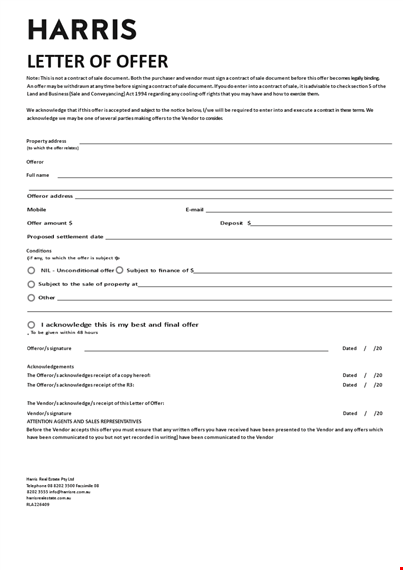 real estate vendor contract offer by offeror template