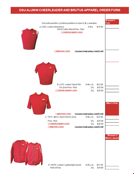 osu cheerleader apparel order form template