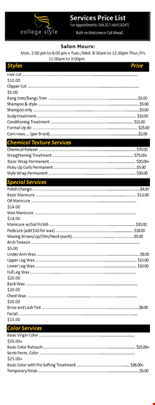 basic color services and prices - cosmetology | affordable options for hair coloring template