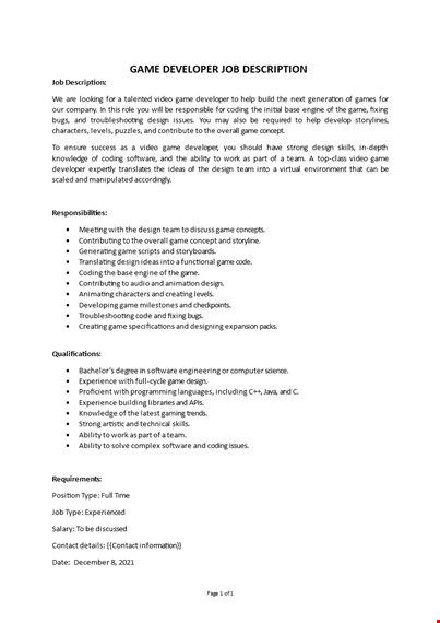 game developer job description template