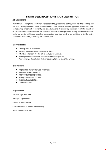 front desk receptionist job description template