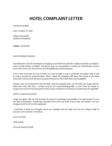 hotel complaint letter template