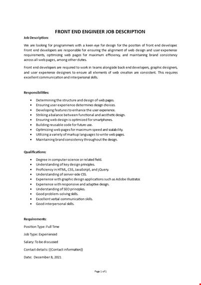 front end engineer job description template