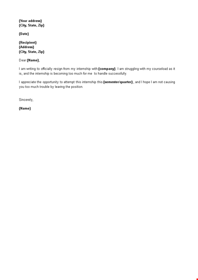 internship resignation letter example template