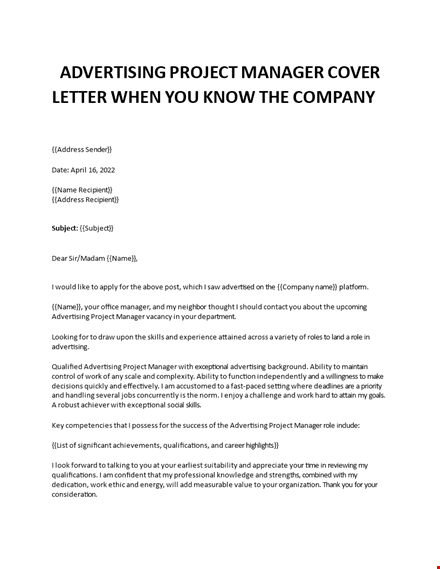 marketing project manager cover letter template