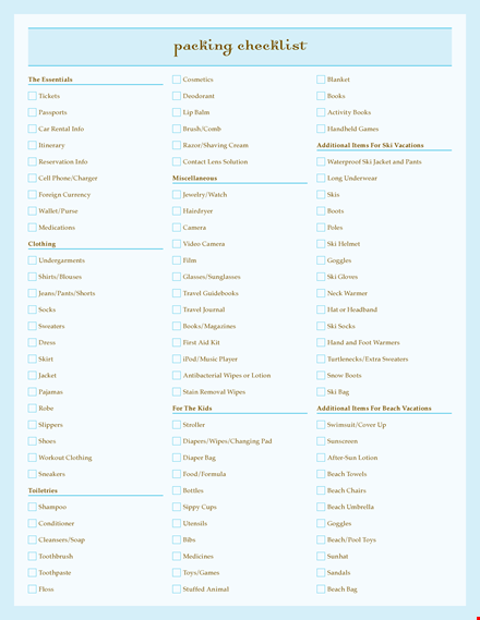 essential packing list template for books, beach, and wipes template