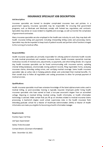 insurance specialist job description template