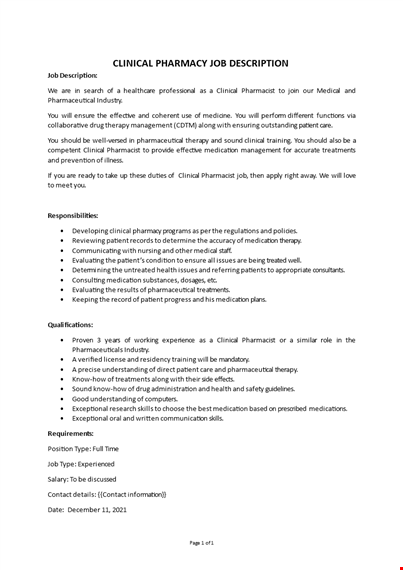 clinical pharmacy job description template