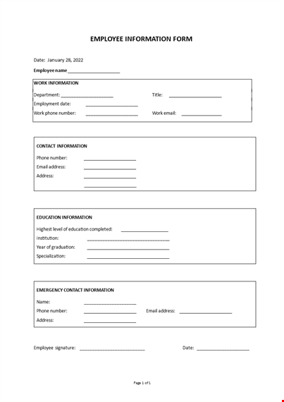 employee information form template template