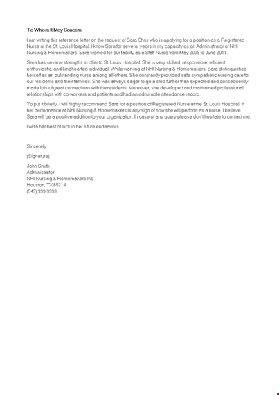 professional nursing reference letter template