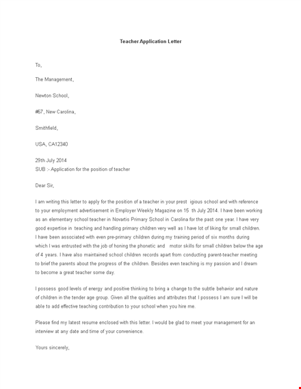 sample teacher application letter template