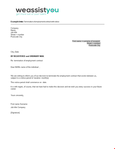 notice of employment contract termination – download a sample letter template
