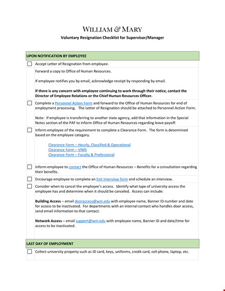 volunteer resignation checklist for manager in pdf template