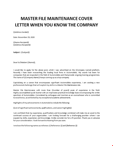 master file maintenance cover letter  template
