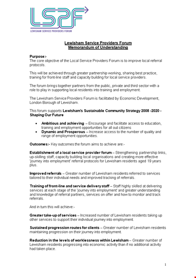 professional memorandum of understanding template - service, employment & local | forum - lewisham template