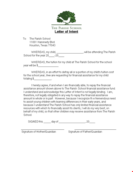 letter of intent for school financial assistance template