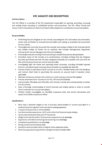 kyc analyst job description template