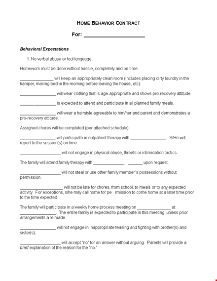 home behavior contract template template