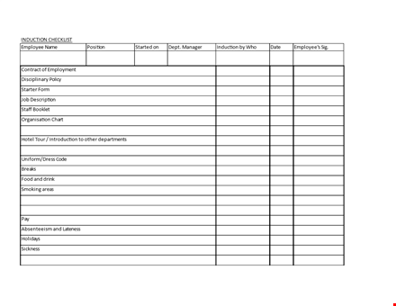 induction training checklist template template