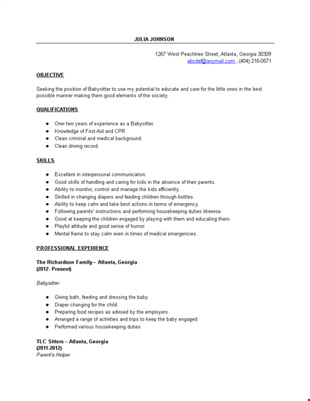 professional babysitter resume template