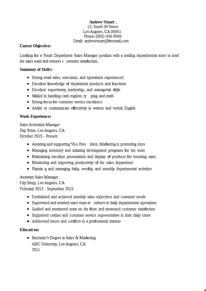 department sales manager resume template