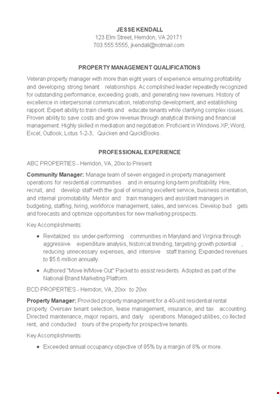 sample property manager resume template