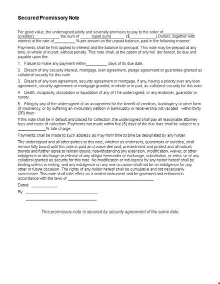 sample secured promissory note template template