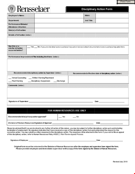 take disciplinary action with our form for any infraction below template