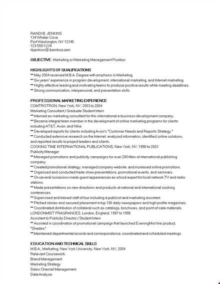 marketing graduate student resume template