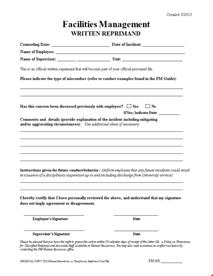 employee letter of reprimand: signed by supervisor template