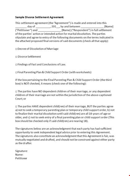 divorce agreement & settlement for child - agreement between parties template