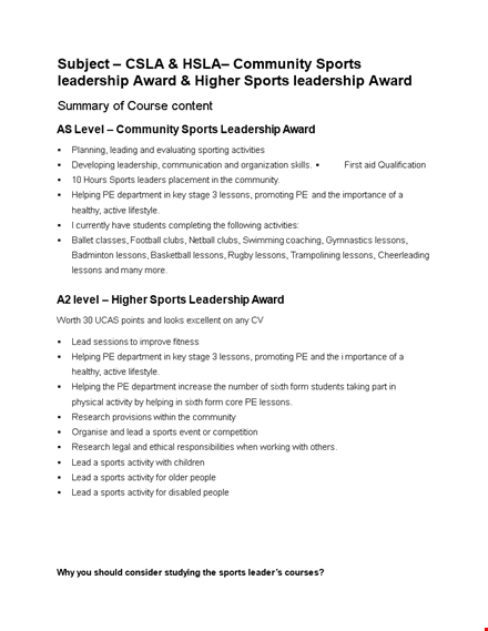 sports leadership award: learn valuable lessons in sports and leadership template