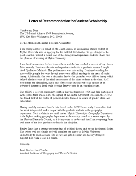 letter of recommendation for student scholarship | university students | janet | geography | mythic template