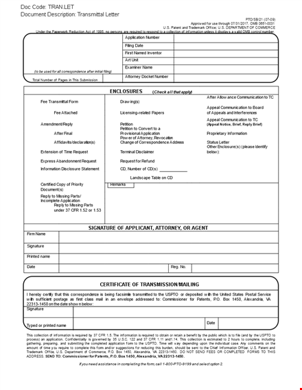 professional letter of transmittal template for patent and record applications template