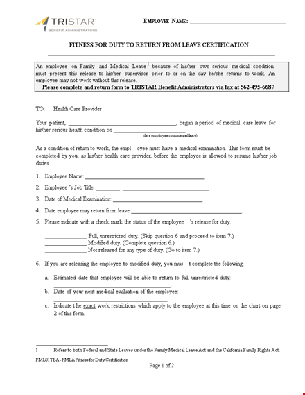return to work form for employees | medical & family | individual template