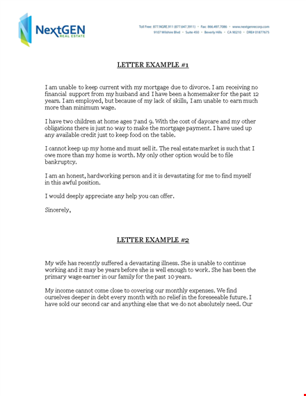 letter of explanation for mortgage: monthly letter, unable situation explained template