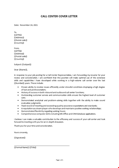 call center cover letter template