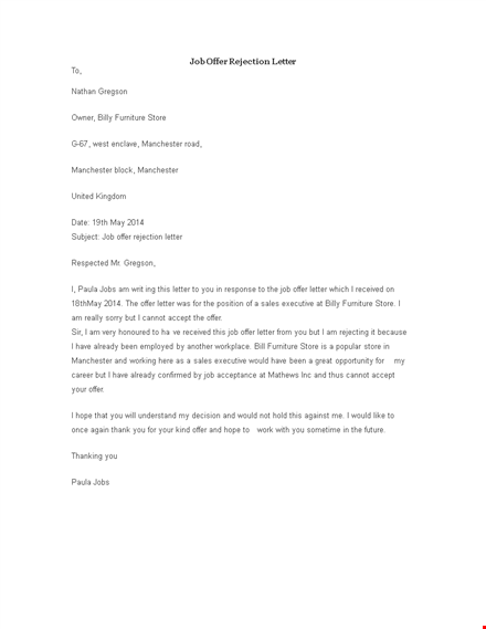 rejecting a job offer letter | furniture store in manchester template
