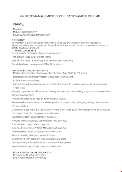project management consulting resume template