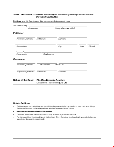 divorce papers template - cover, petitioner forms, instructions template