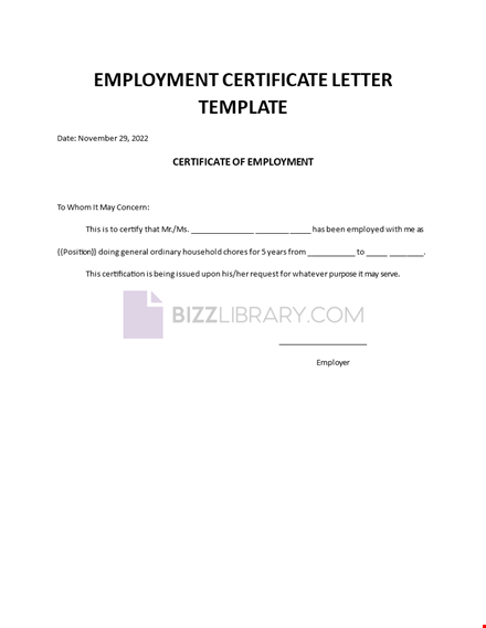 employment certificate letter template template