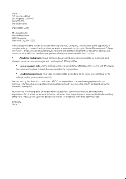 internship cover letter example template
