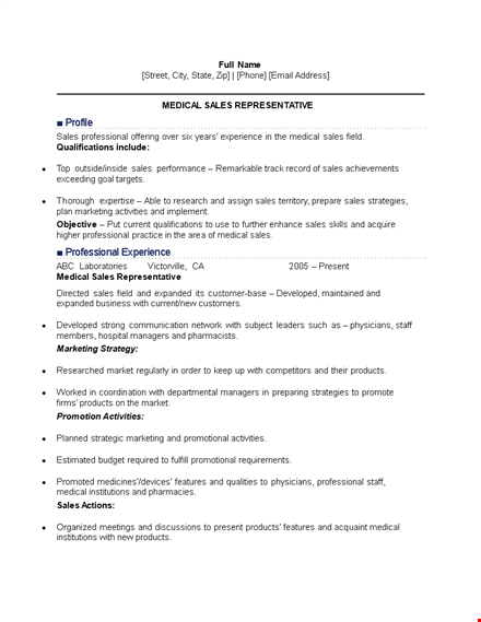 medical marketing representative resume template
