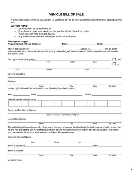 legal blank bill of sale template