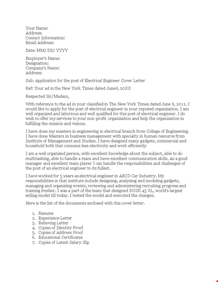 electrical engineering cover letter | engineer seeking electrical positions + address template