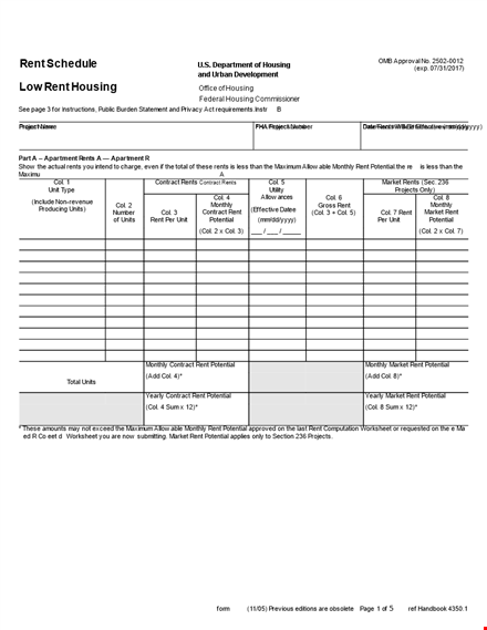 rent schedule low rent housing hud template