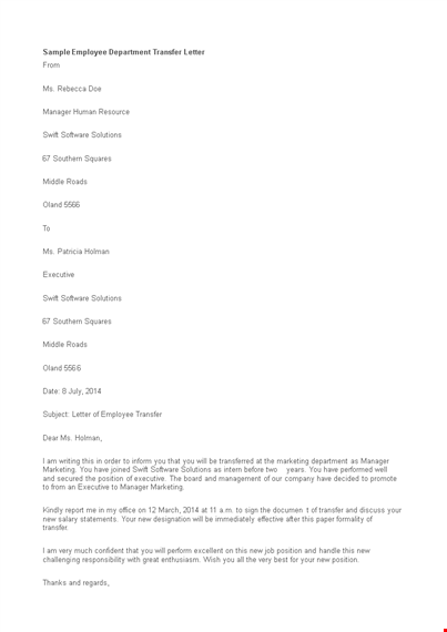 employee department transfer letter template template