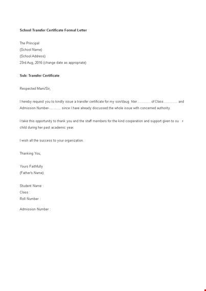 school transfer certificate formal letter template template