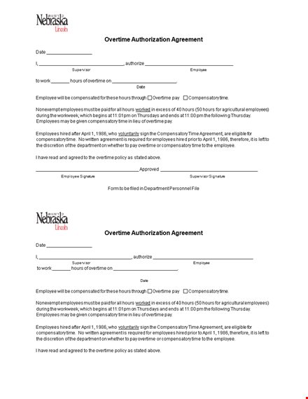 overtime authorization agreement form template